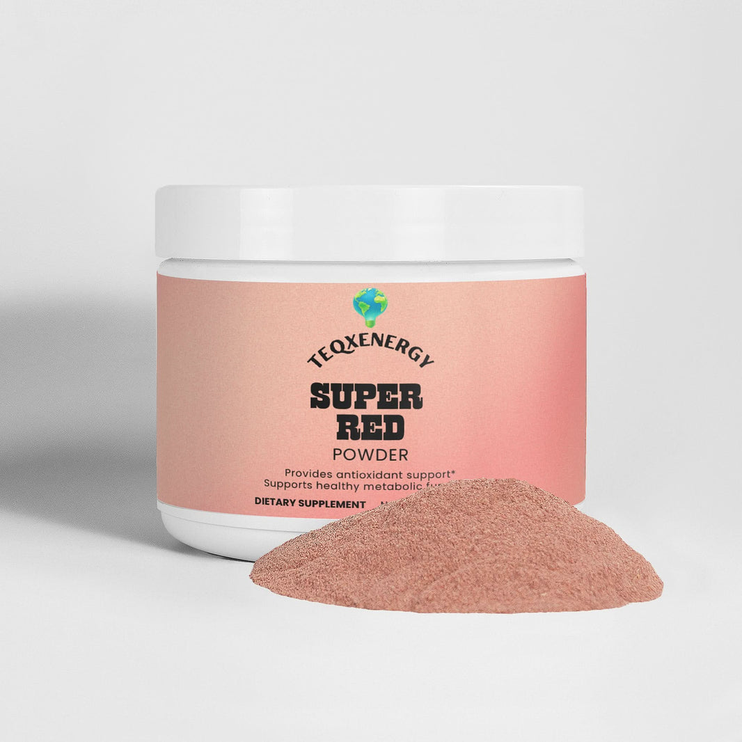 TeqenX Super Red powder in a white container with a pink label, offering antioxidant support and promoting overall wellness.