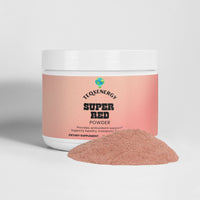 TeqenX Super Red powder in a white container with a pink label, offering antioxidant support and promoting overall wellness.