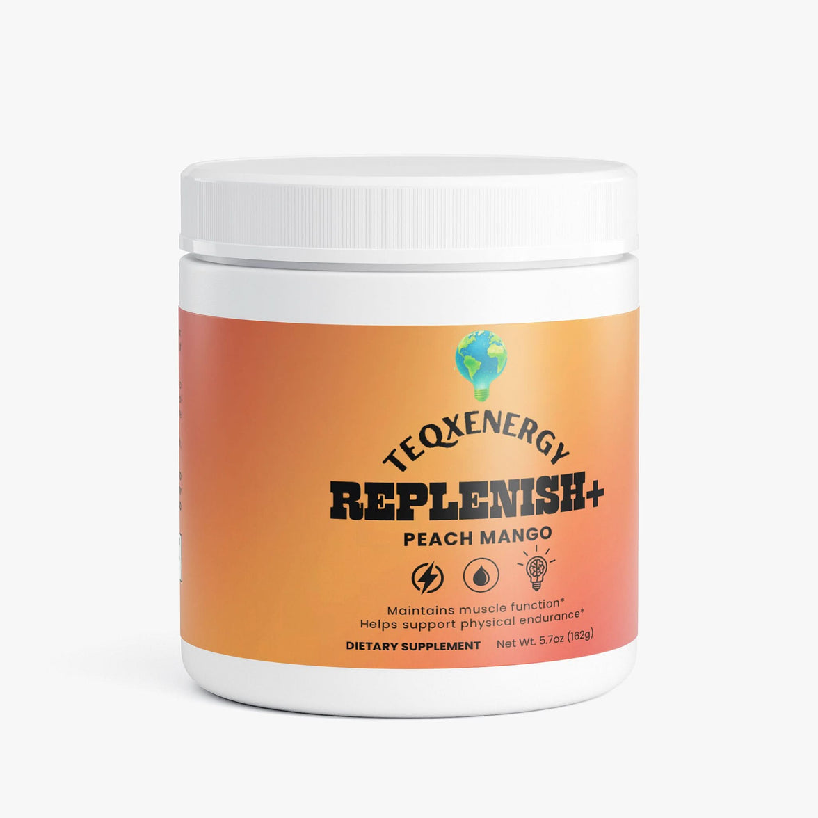 TeqenX Replenish+ Peach Mango electrolyte powder in a vibrant container, designed for optimal hydration and performance.