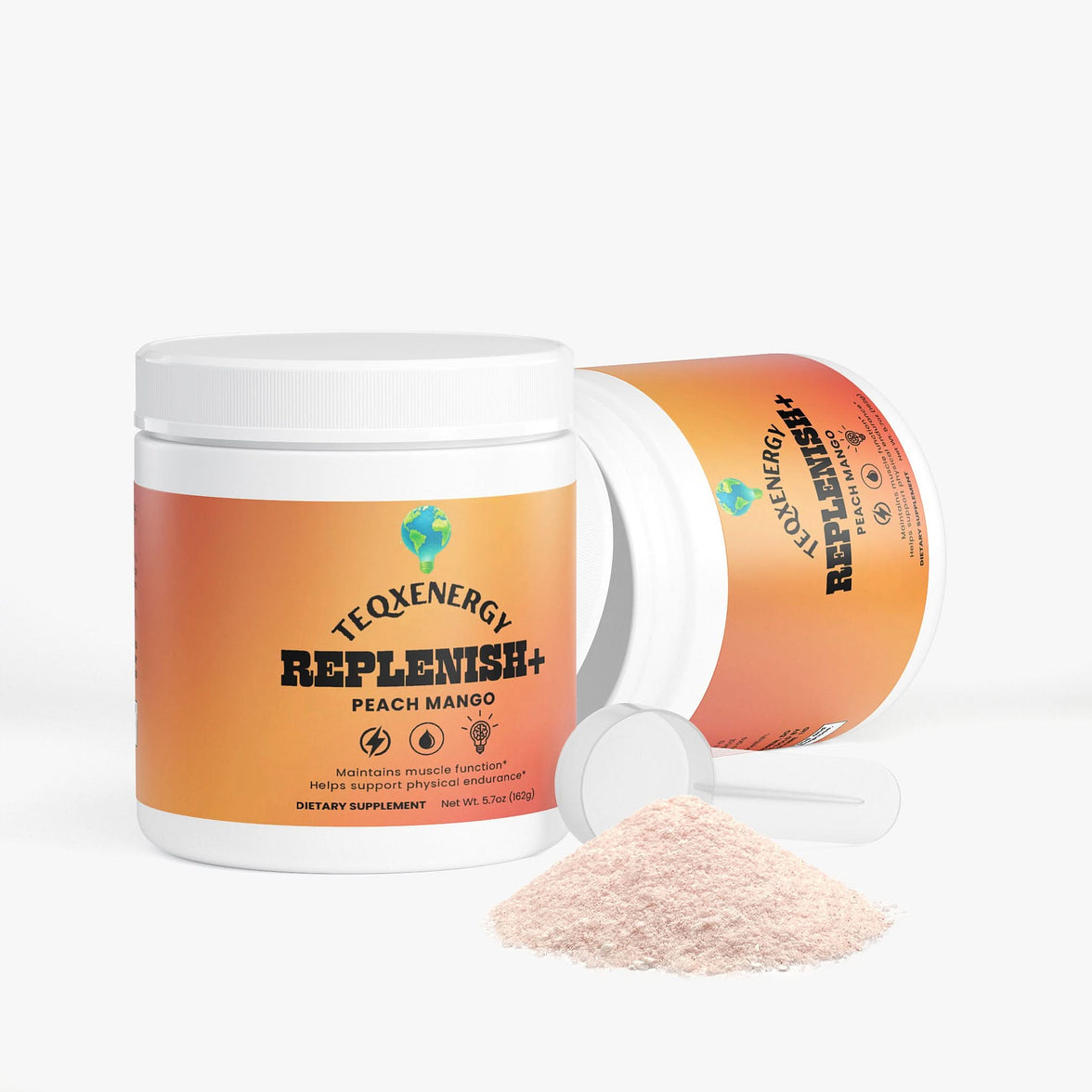TeqenX Replenish+ Peach Mango electrolyte powder in a white container with a scoop, promoting hydration and energy.