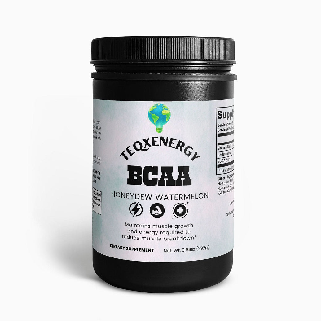 TeqenX BCAA Post Workout Powder in Honeydew Watermelon flavor accelerates recovery and supports lean muscle growth with 5000mg of BCAAs and L-Glutamine in a 2:1:1 ratio. Ideal for athletes and fitness enthusiasts, it reduces soreness, prevents muscle breakdown, and enhances hydration with added electrolytes. Perfect for use pre-workout, post-workout, or between meals.