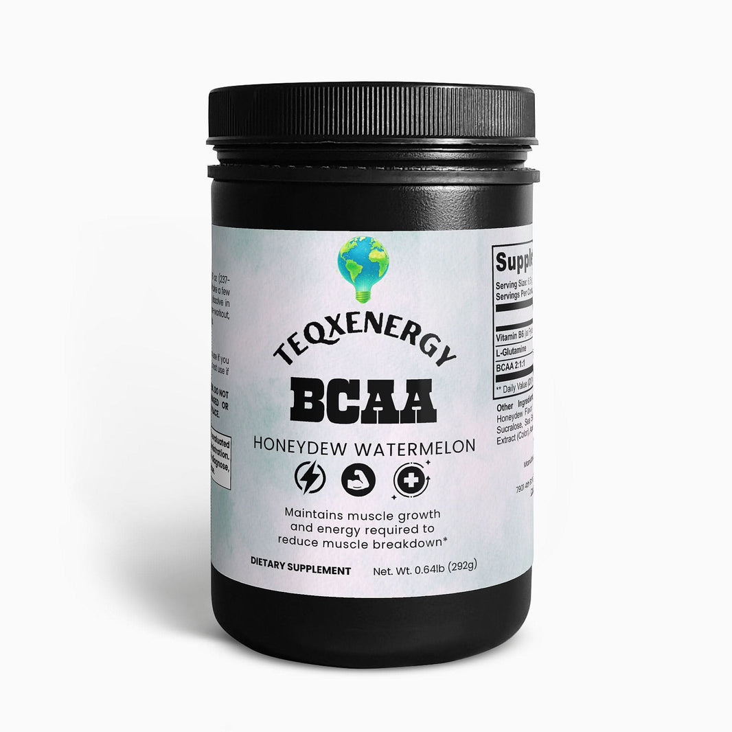 TeqenX BCAA Post Workout Powder in Honeydew Watermelon flavor accelerates recovery and supports lean muscle growth with 5000mg of BCAAs and L-Glutamine in a 2:1:1 ratio. Ideal for athletes and fitness enthusiasts, it reduces soreness, prevents muscle breakdown, and enhances hydration with added electrolytes. Perfect for use pre-workout, post-workout, or between meals.
