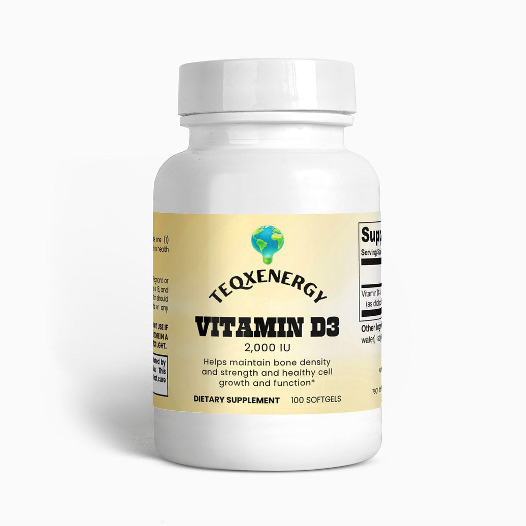 TeqenX Vitamin D3 2,000 IU softgels in a white bottle with a yellow label, supporting bone health and seasonal wellness.
