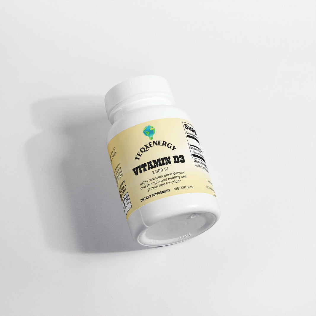 TeqenX Vitamin D3 2,000 IU softgels in a white bottle with a yellow label, supporting bone health and seasonal wellness.