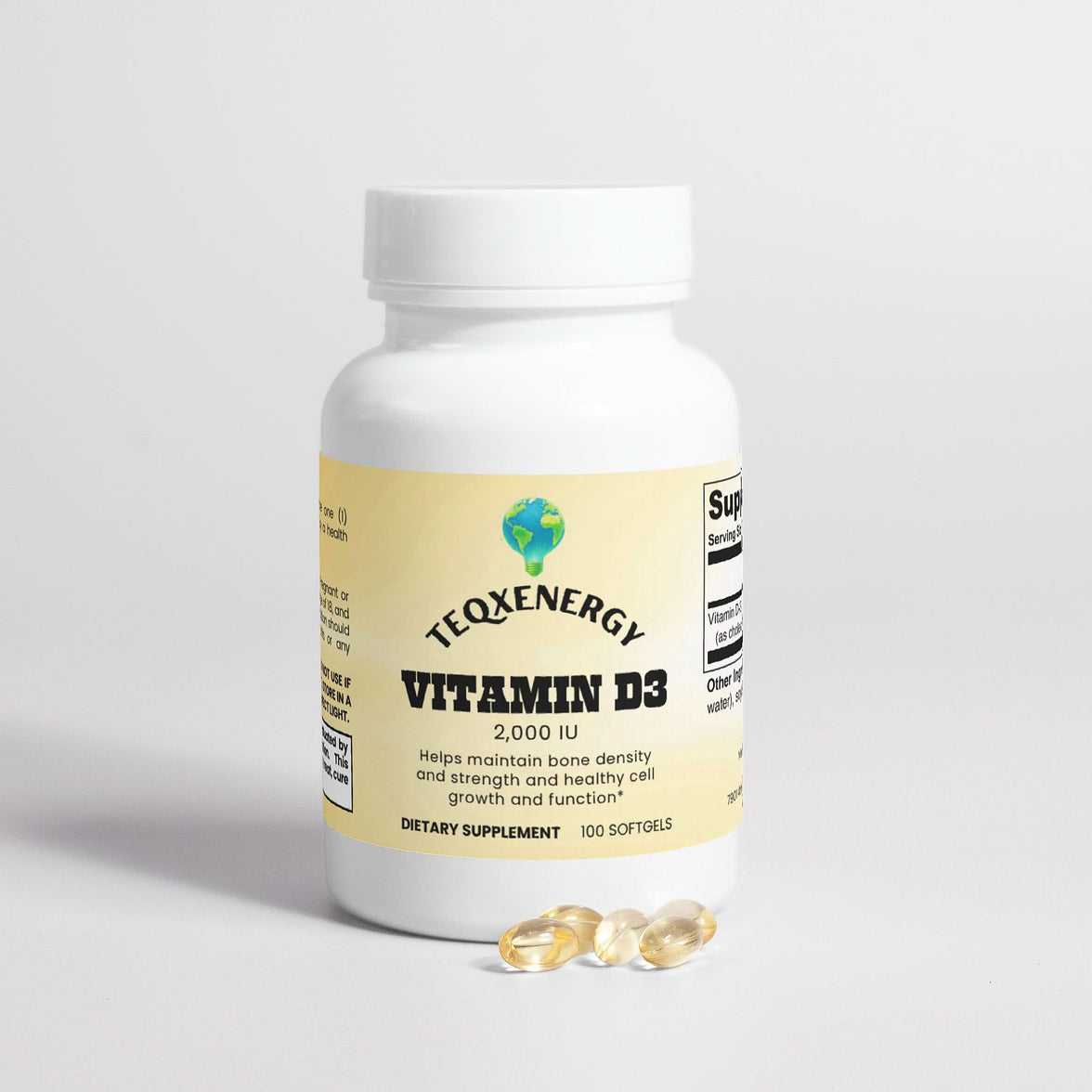 TeqenX Vitamin D3 2,000 IU softgels in a white bottle with a yellow label, supporting bone health and seasonal wellness.