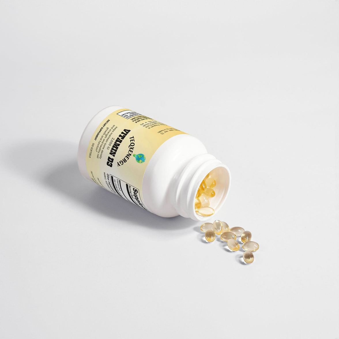 TeqenX Vitamin D3 2,000 IU softgels in a white bottle with a yellow label, promoting bone and seasonal support.