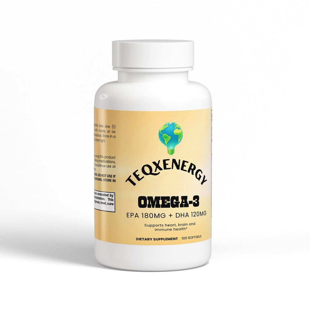 TeqenX Omega-3 softgels featuring EPA 180mg and DHA 120mg support heart, brain, and vision health. Enjoy the benefits of premium, molecularly distilled fish oil in easy-to-swallow softgels. Perfect for enhancing cognitive performance and maintaining cardiovascular wellness. Take one softgel twice daily with meals for optimal health support.