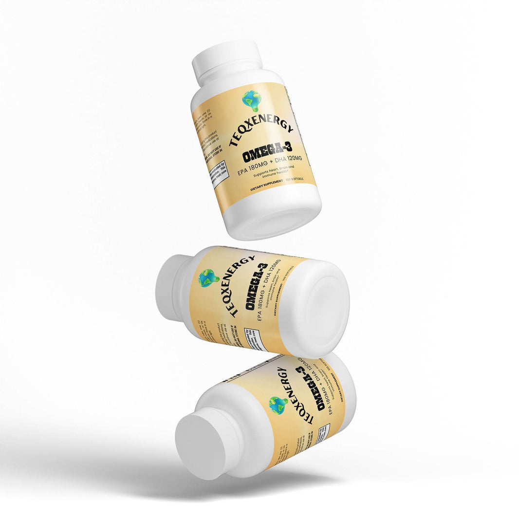 TeqenX Omega-3 softgels featuring 180mg EPA and 120mg DHA support heart, brain, and vision health. Enjoy easy-to-swallow, molecularly distilled fish oil for optimal wellness. Take one softgel twice daily with meals for essential fatty acids that promote cardiovascular health, cognitive function, and vision clarity. Perfect for adults prioritizing overall health.