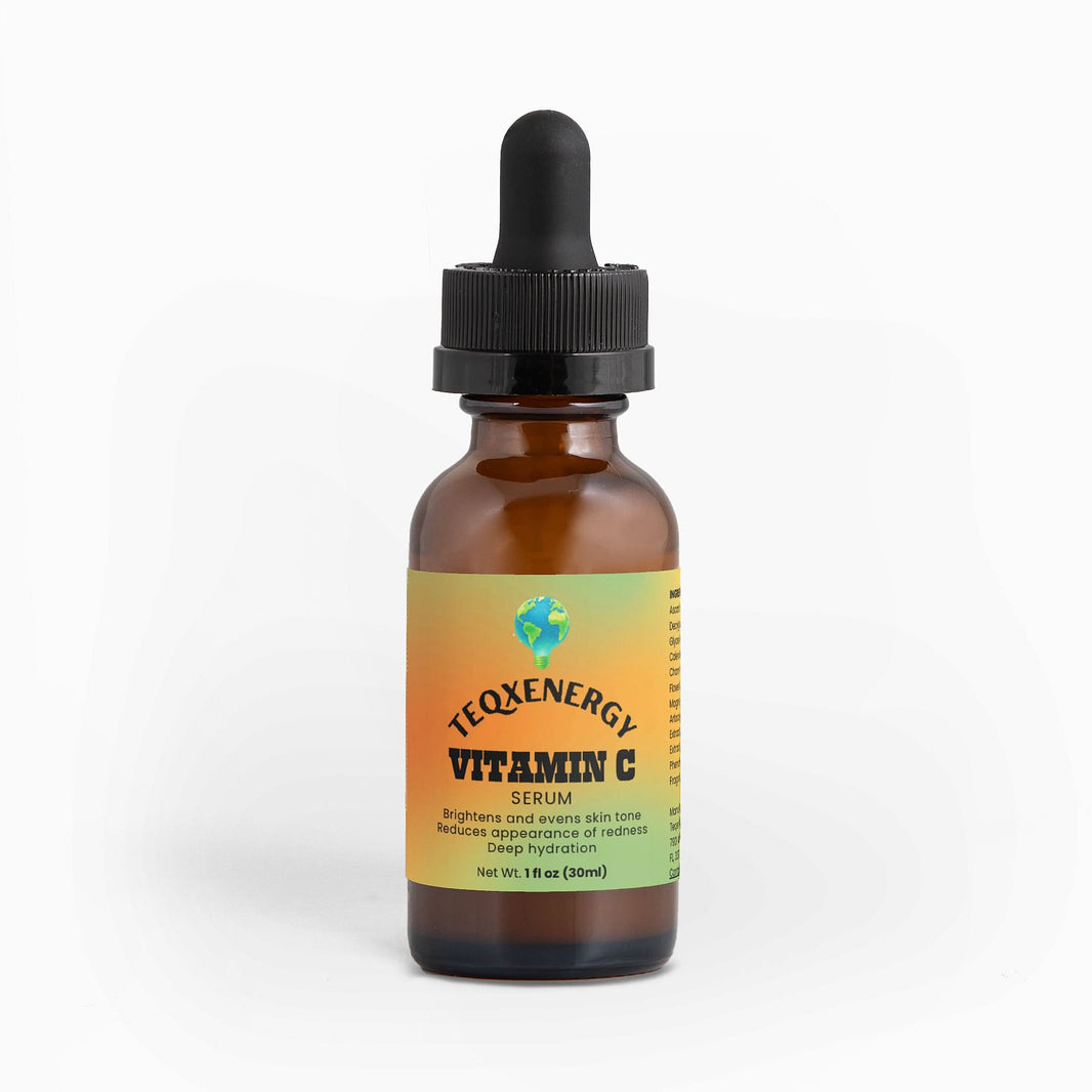TeqenX Vitamin C Serum in a brown glass dropper bottle, promoting bright skin and hydration with a triple vitamin C complex.