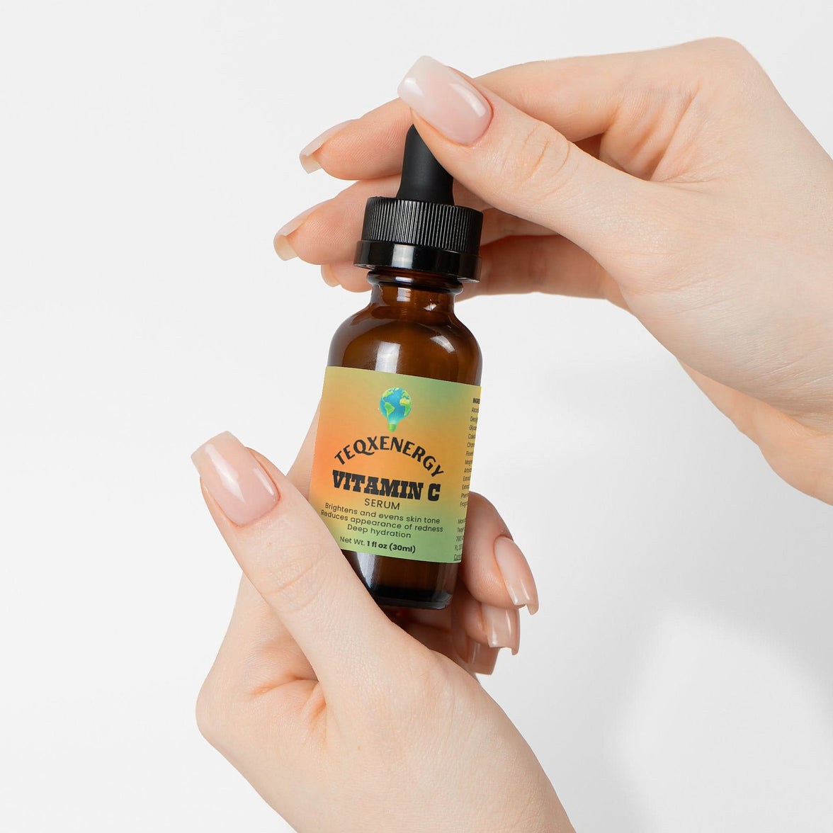 TeqenX Vitamin C Serum in a dropper bottle with a green and yellow gradient label, designed for brightening and anti-aging.