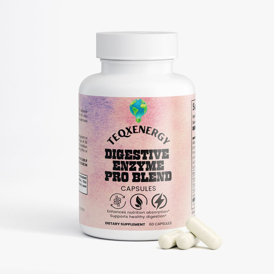 Optimize your digestion and nutrient absorption with TeqenX Digestive Enzyme Pro Blend. This advanced formula features proprietary Makzyme-Pro™ technology and beneficial probiotics to help break down proteins, fats, and carbohydrates. Experience enhanced energy, reduced bloating, and improved digestive comfort with specialized enzymes tailored for your gut health. Perfect for anyone seeking comprehensive digestive support. Available in 60 vegetarian capsules.