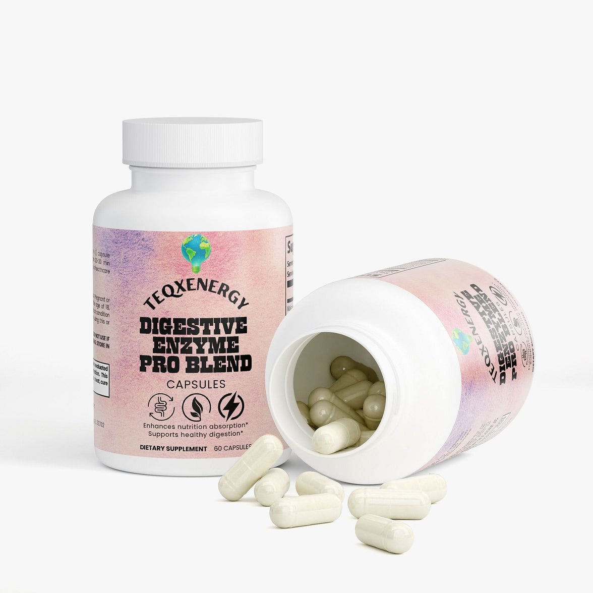 TeqenX Digestive Enzyme Pro Blend in a white bottle with capsules, designed for complete digestion and nutrient absorption.
