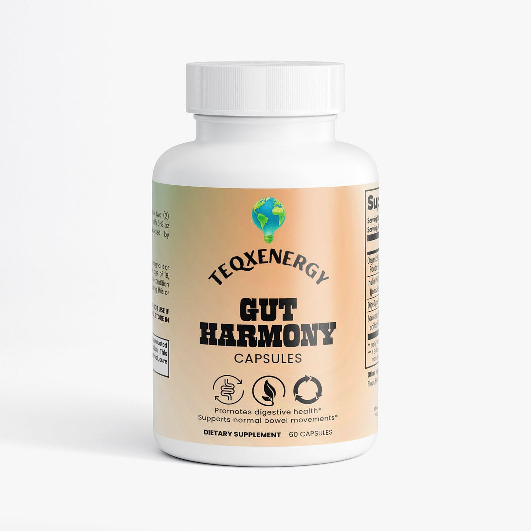 TeqenX Gut Harmony capsules in a bottle, promoting digestive health and supporting normal bowel movements with 60 capsules.