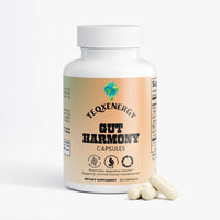 TeqenX Gut Harmony capsules in a bottle, promoting digestive health and supporting normal bowel movements with 60 capsules.