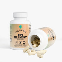TeqenX Gut Harmony capsules in a white bottle, promoting digestive health with organic apple cider vinegar and probiotics.