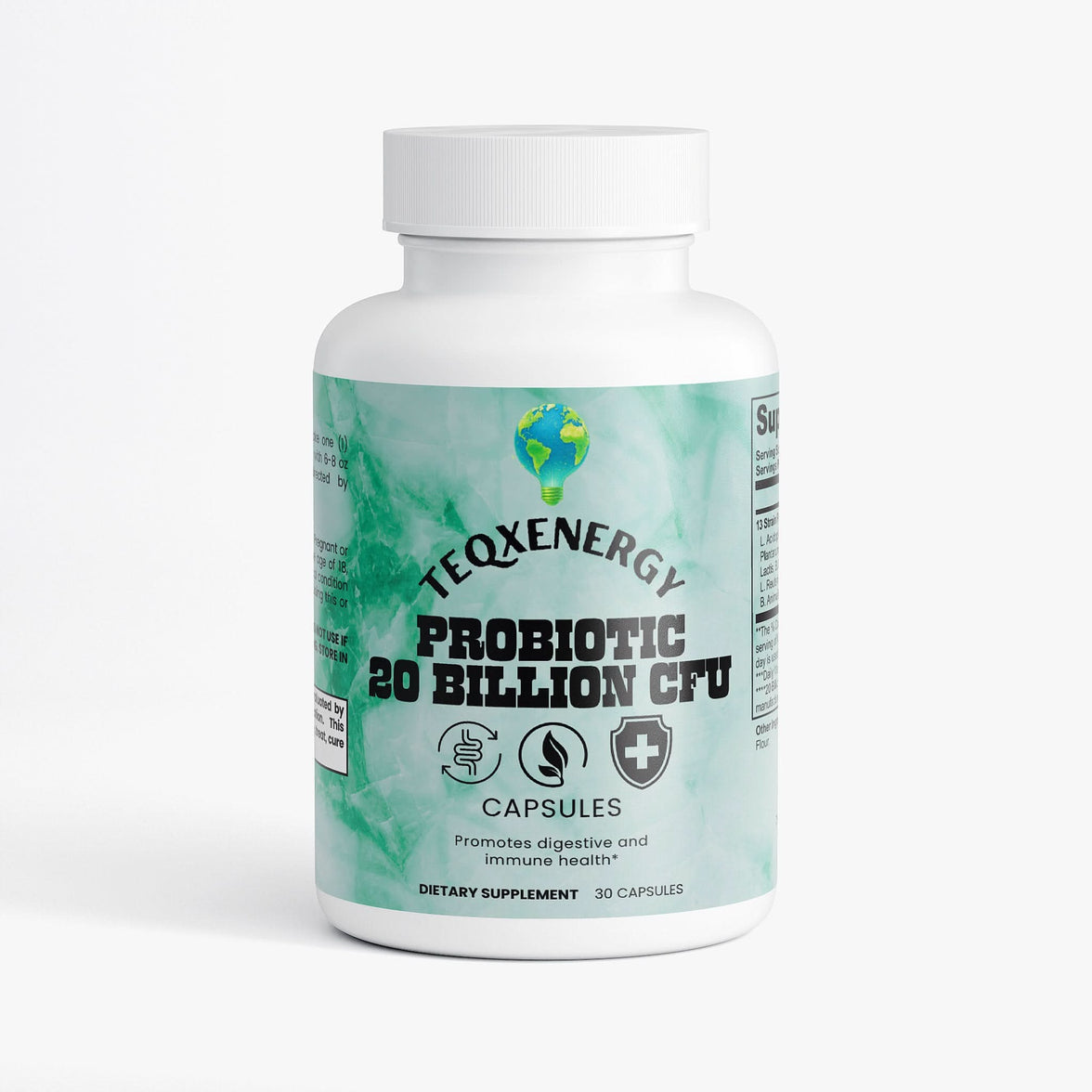 Boost your digestive and immune health with TeqenX Probiotic 20 Billion CFU. Each vegetarian capsule delivers 20 billion CFUs from 13 beneficial strains, including L. Acidophilus and L. Rhamnosus. Enjoy enhanced digestive comfort, improved nutrient absorption, and balanced gut flora. Perfect for daily maintenance of your gut health.