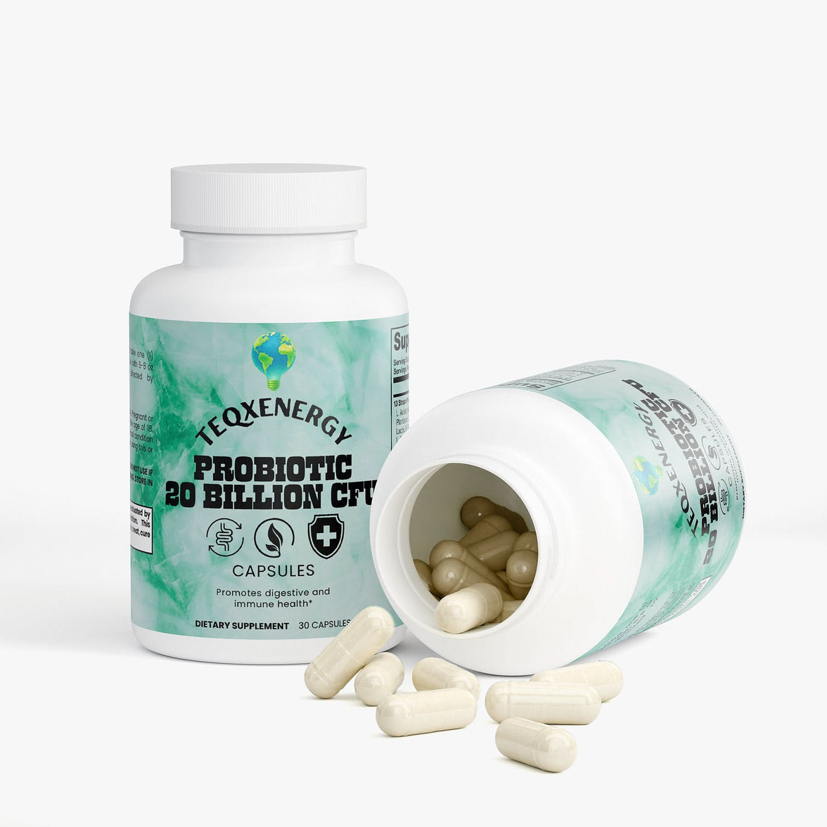 Boost your digestive and immune health with TeqenX Probiotic 20 Billion CFU. Each vegetarian capsule features 13 beneficial strains, delivering 20 billion CFUs for enhanced wellness. Experience improved digestion, nutrient absorption, and a balanced gut microbiome. Perfect for daily support amidst life's stresses. Choose TeqenX for optimal gut health.