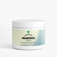 TeqenX Colostrum Powder in a white container, promoting immune support and digestive wellness with 25% IgG.