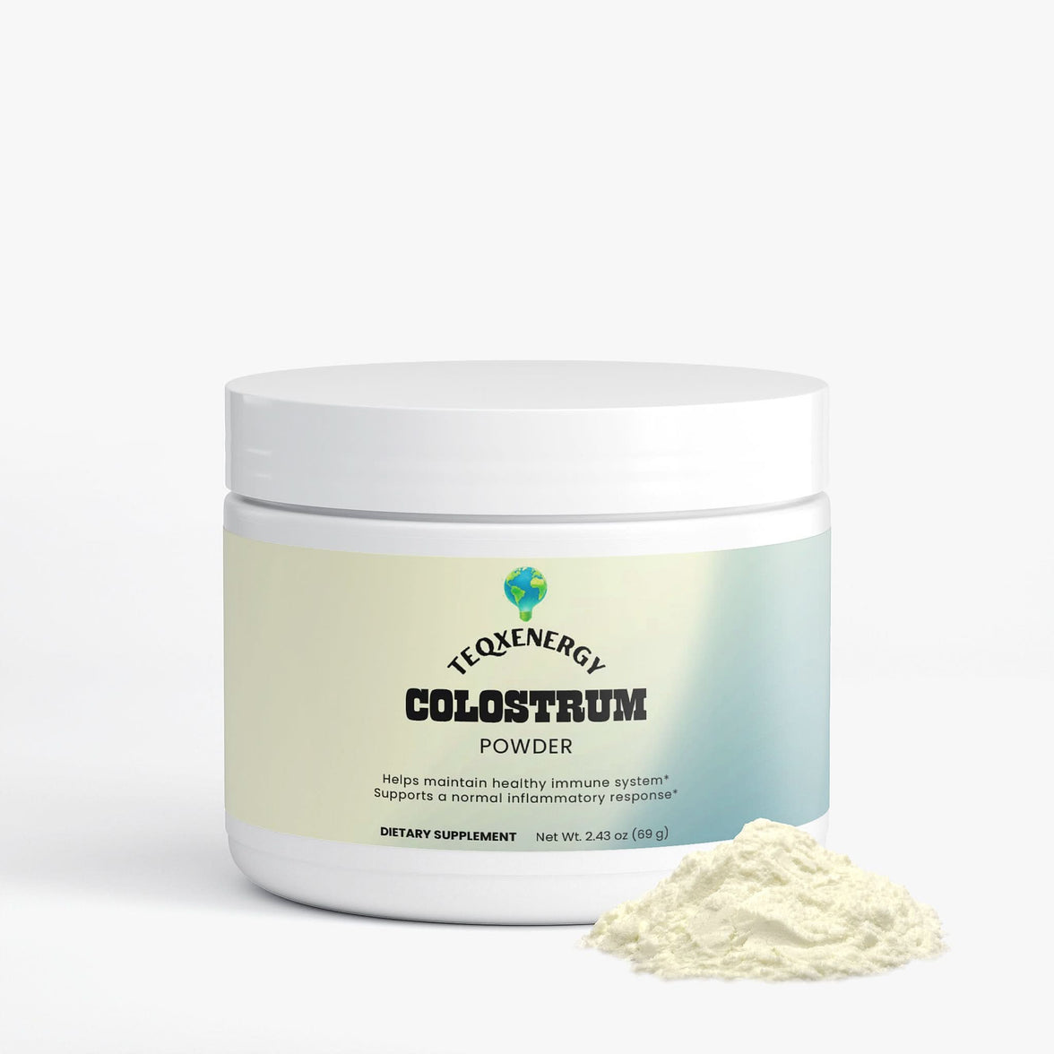 TeqenX Colostrum Powder in a white container, featuring a light gradient label, offers immune and digestive support with 2,300mg of bovine colostrum per serving. Standardized to 25% IgG, it enhances gut health and aids recovery. Perfect for active adults seeking total wellness.