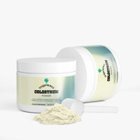 TeqenX Colostrum Powder in a round container, featuring a scoop and fine off-white powder for immune and digestive support.