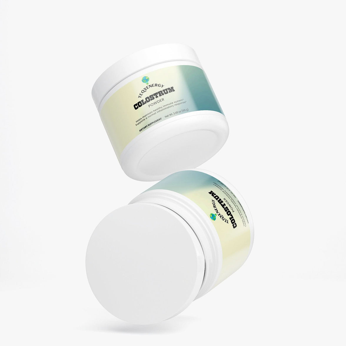TeqenX Colostrum Powder in a round white container, offering 2,300mg of bovine colostrum for immune and digestive support.