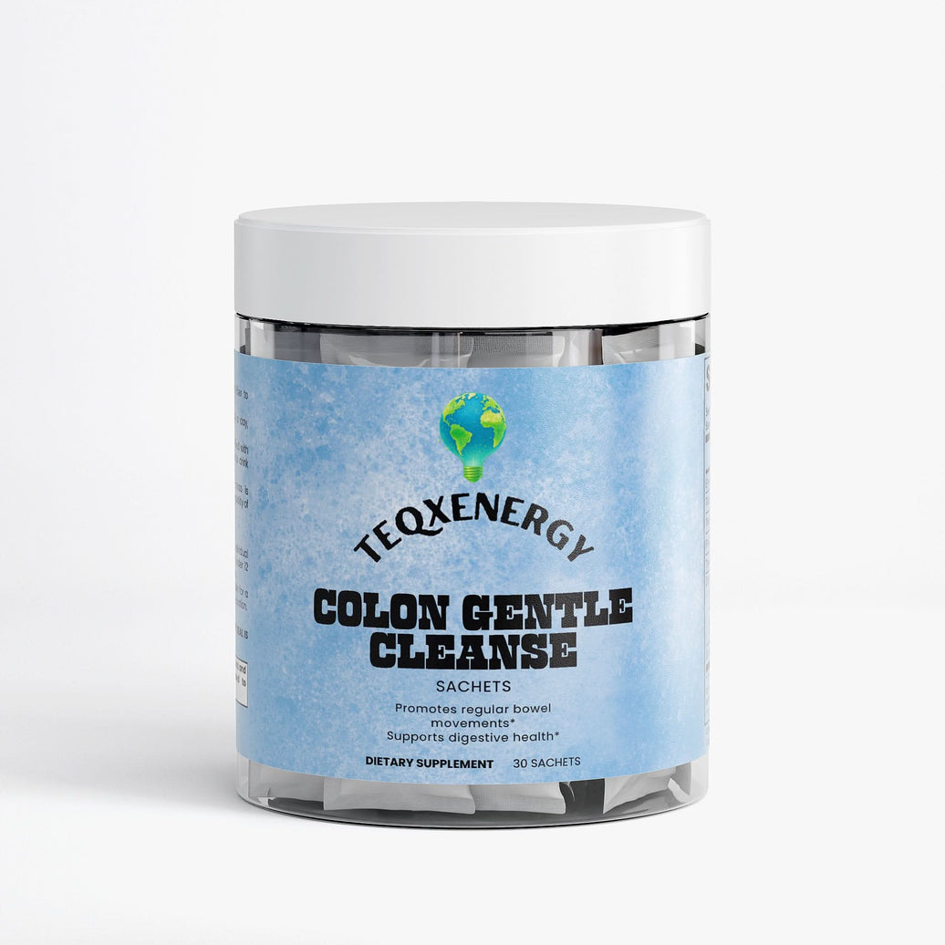 TeqenX Colon Gentle Cleanse in a clear container with a blue label, featuring 30 sachets for digestive support.