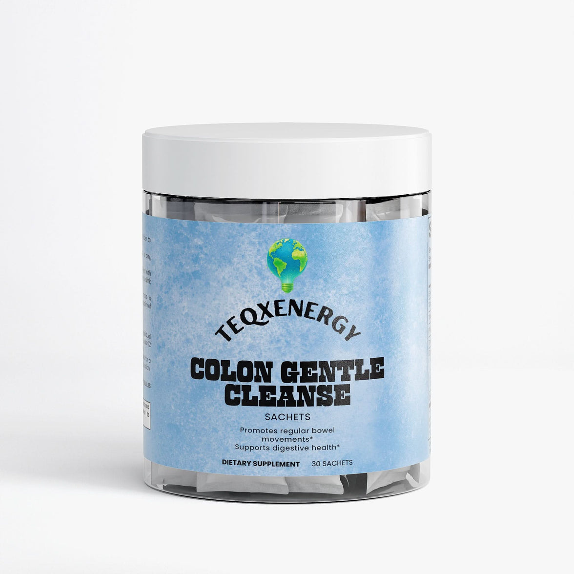 TeqenX Colon Gentle Cleanse in a clear container with a blue label, featuring 30 sachets for digestive support.