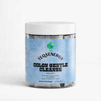 TeqenX Colon Gentle Cleanse in a clear container with a blue label, featuring 30 sachets for digestive support.