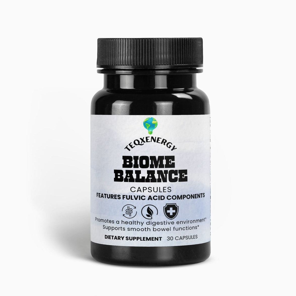 TeqenX Biome Balance Capsules in a black bottle, promoting a healthy digestive environment and smooth bowel functions.