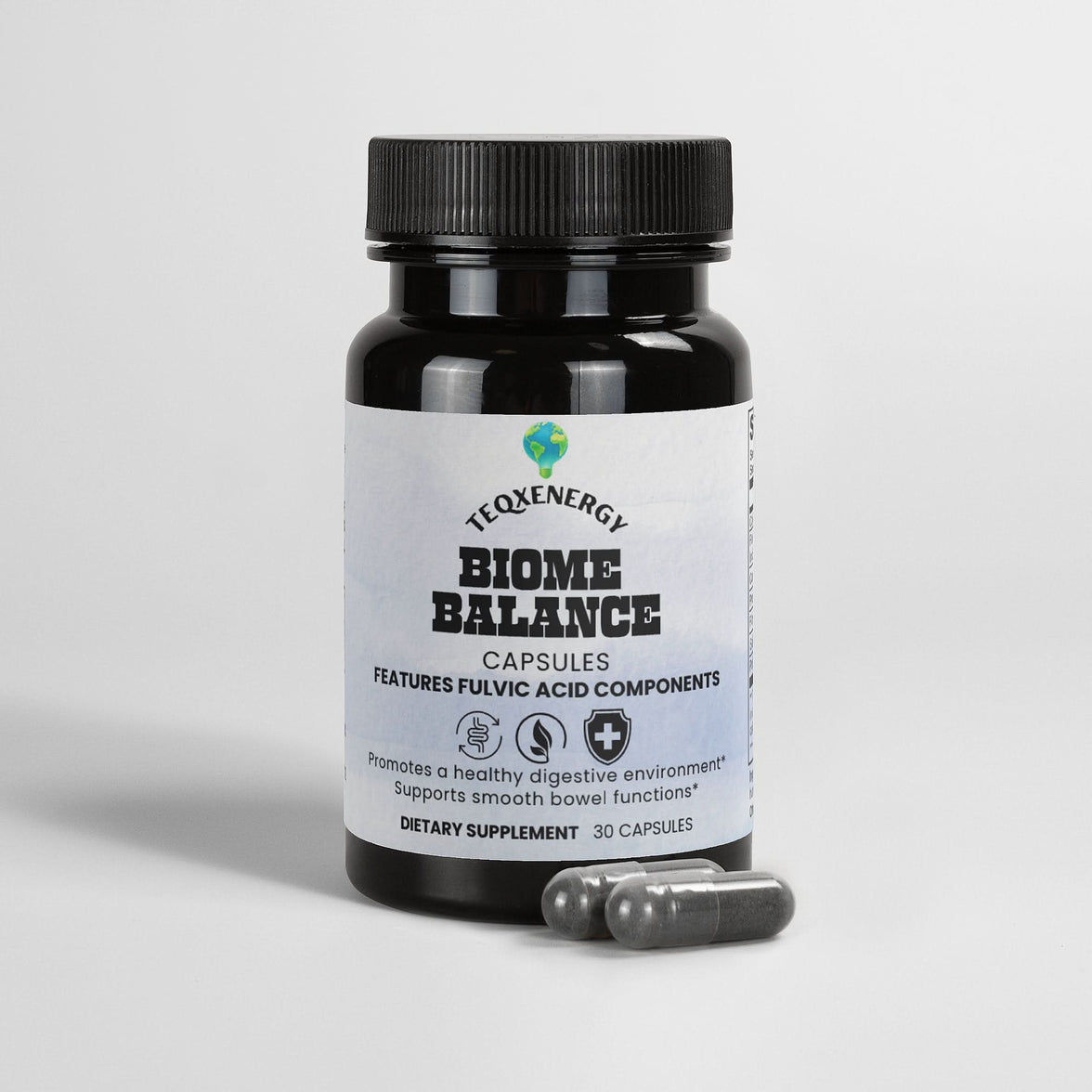 TeqenX Biome Balance capsules in a black bottle, promoting gut wellness with Birch Chaga and Pine Bark extracts. 30 capsules.