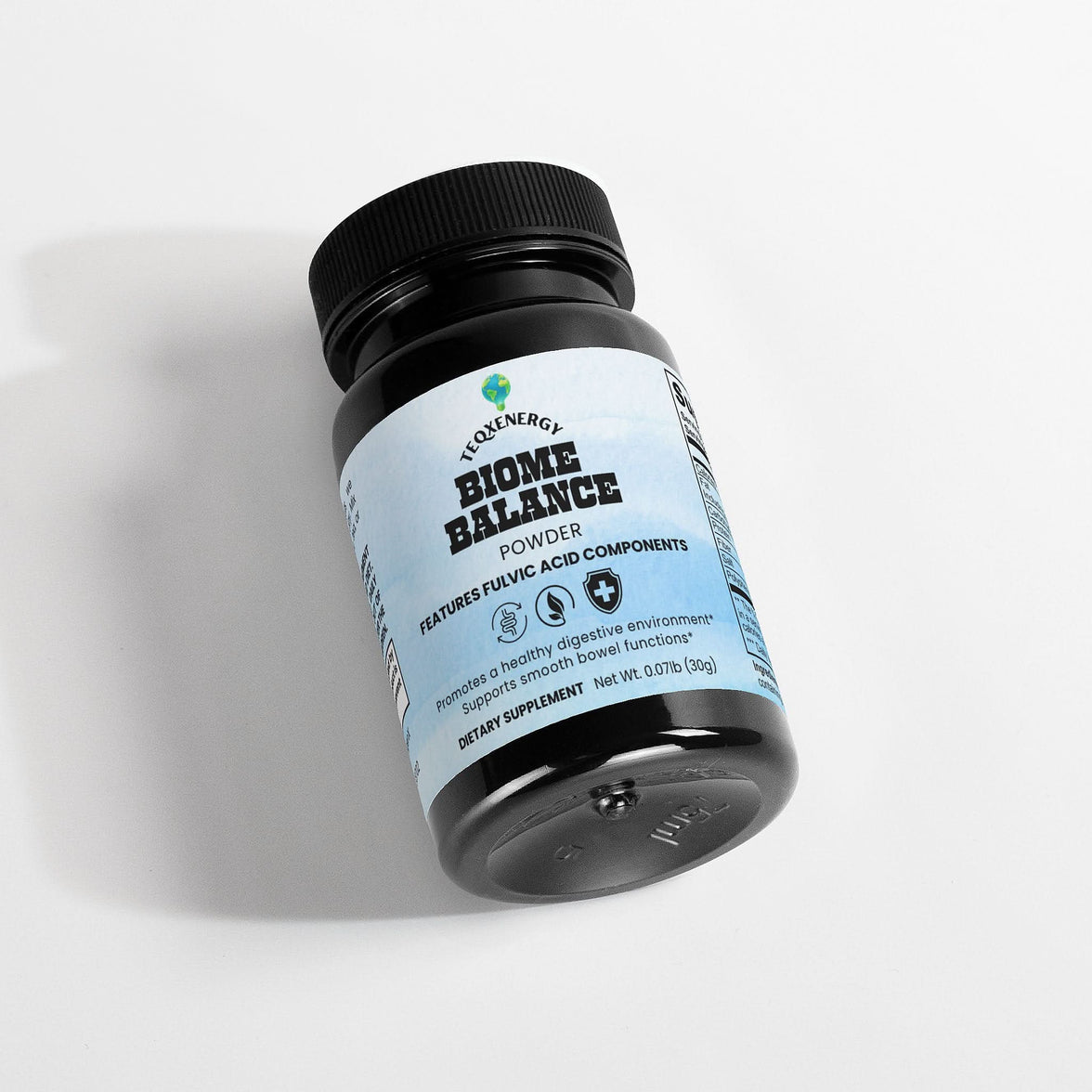 TeqenX Biome Balance Powder in a black container, promoting gut wellness with Birch Chaga and Pine Bark extracts.