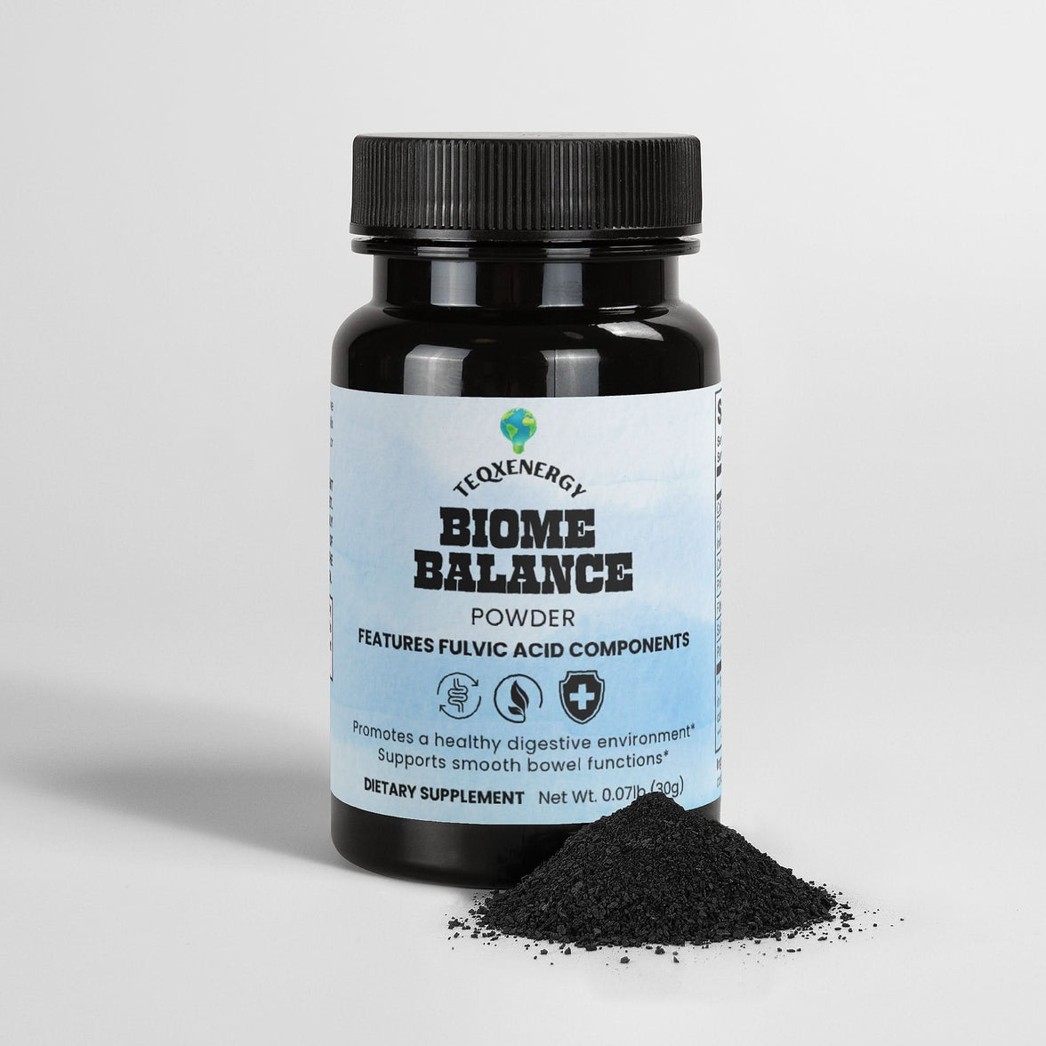 TeqenX Biome Balance Powder in a clear container, featuring fulvic acid components for digestive support and wellness.