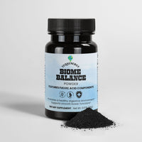 TeqenX Biome Balance Powder in a clear container, featuring fulvic acid components for digestive support and wellness.
