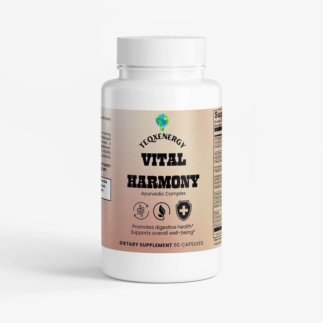 TeqenX Vital Harmony Ayurvedic Complex in a bottle with 60 capsules, promoting digestive health and overall wellness.
