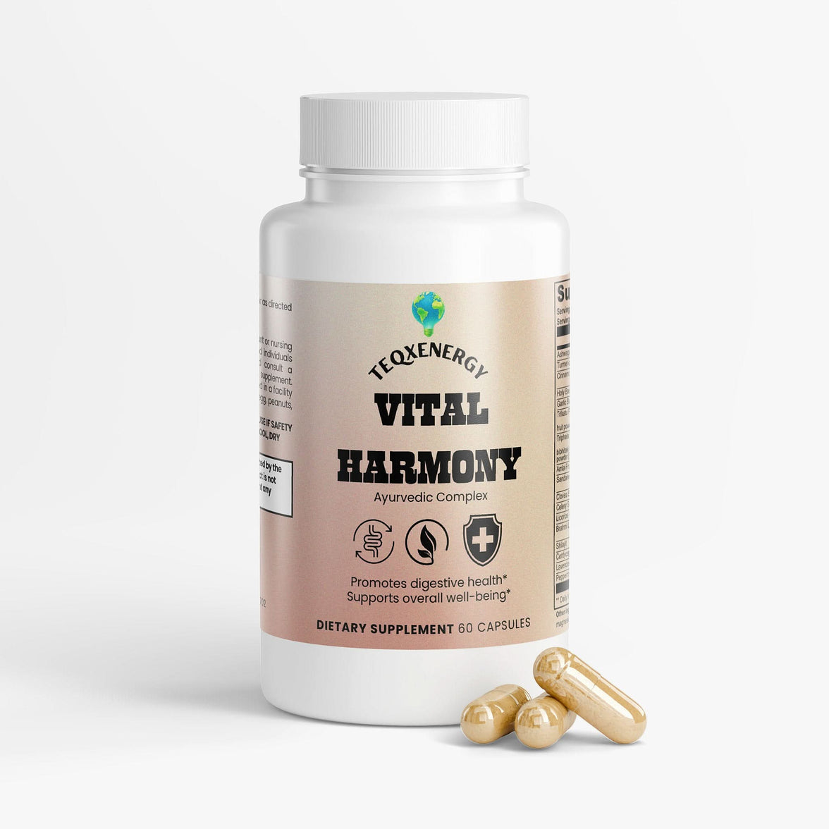 TeqenX Vital Harmony Ayurvedic Complex bottle with 60 beige capsules, promoting digestive health and overall wellness.