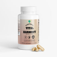 TeqenX Vital Harmony Ayurvedic Complex bottle with 60 beige capsules, promoting digestive health and overall wellness.