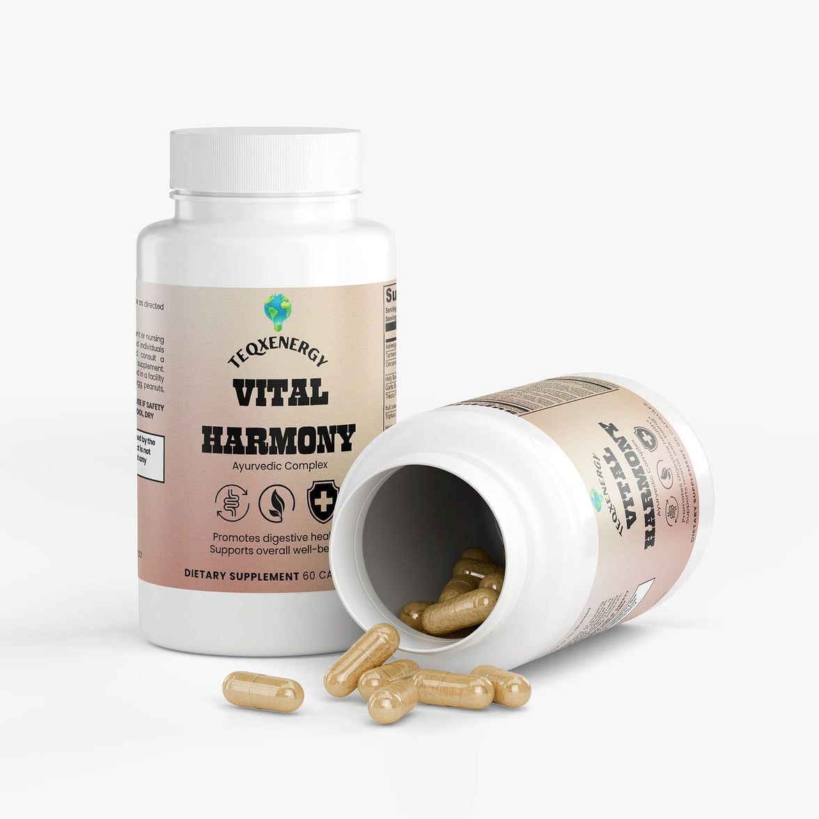 TeqenX Vital Harmony Ayurvedic Complex capsules in a bottle, promoting holistic wellness with adaptogens and digestive aids.