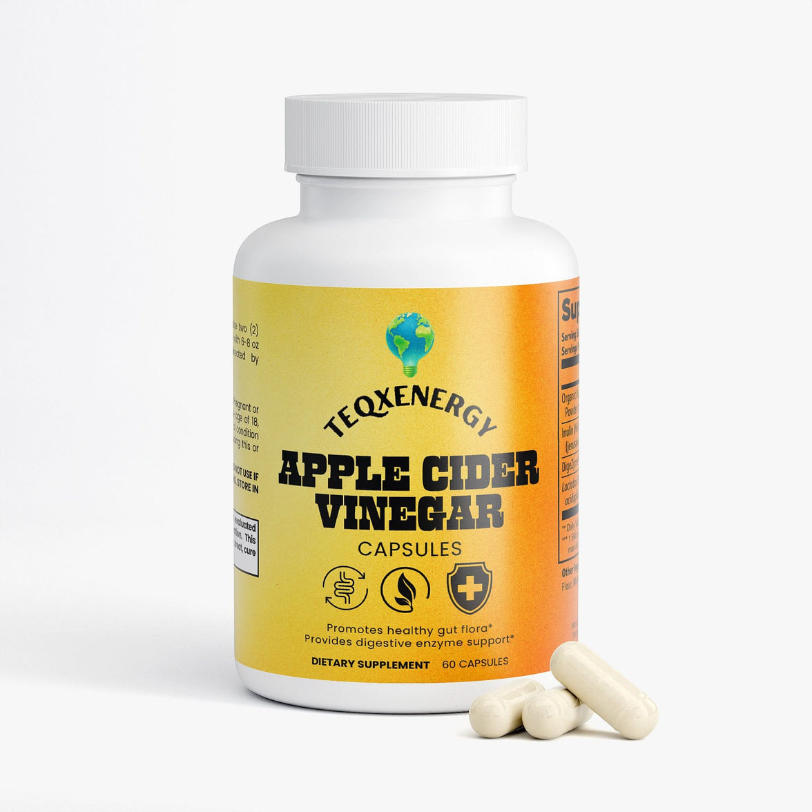 TeqenX Apple Cider Vinegar Capsules in a white bottle with a gradient orange background, containing 60 capsules for digestive support.