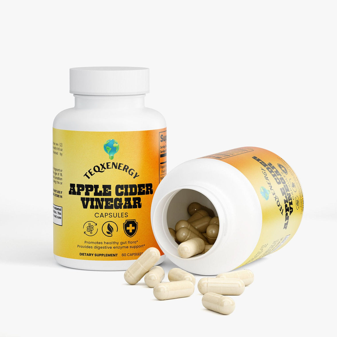 TeqenX Apple Cider Vinegar Capsules offer the benefits of ACV without the taste. Each capsule contains 1,000mg of organic apple cider vinegar powder, along with probiotics, prebiotic fiber, and digestive enzymes to support gut health. Enjoy convenient daily use with 60 capsules designed for optimal digestive support.