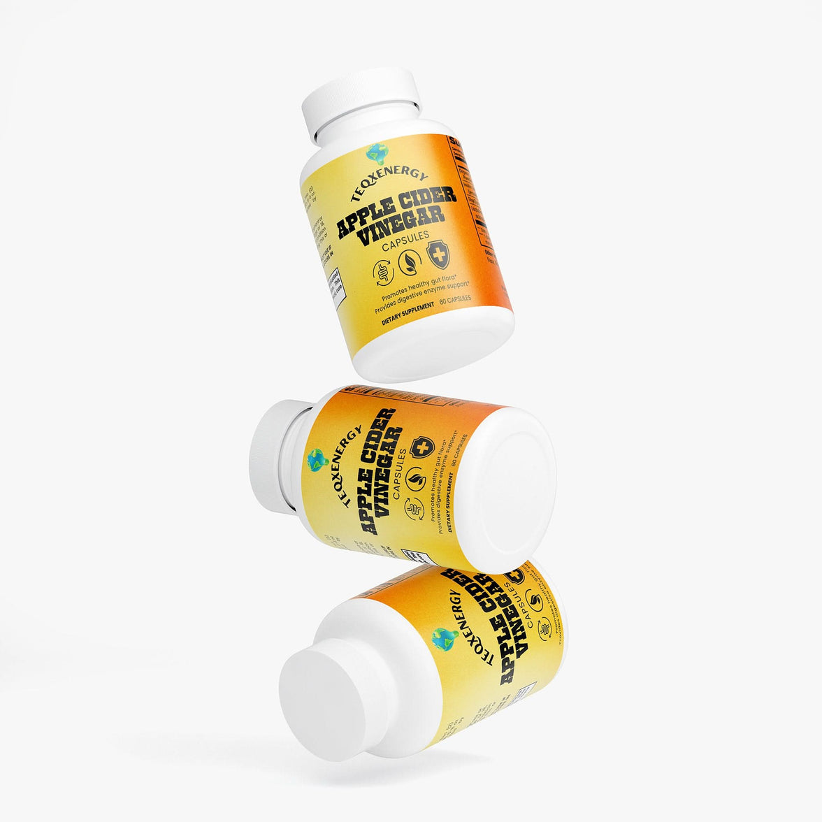 TeqenX Apple Cider Vinegar Capsules stacked, featuring colorful labels, offering 1,000mg of organic ACV with probiotics for digestive support.