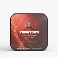 TeqenX POWNTOWN Desire Strips feature a sleek dark red container, offering 30 chocolate-flavored oral strips for enhanced vitality and stamina. Perfect for on-the-go energy support, these fast-dissolving strips blend Cordyceps, Shilajit, and Oyster Peptide. Ideal for busy adults seeking a discreet and convenient wellness boost.