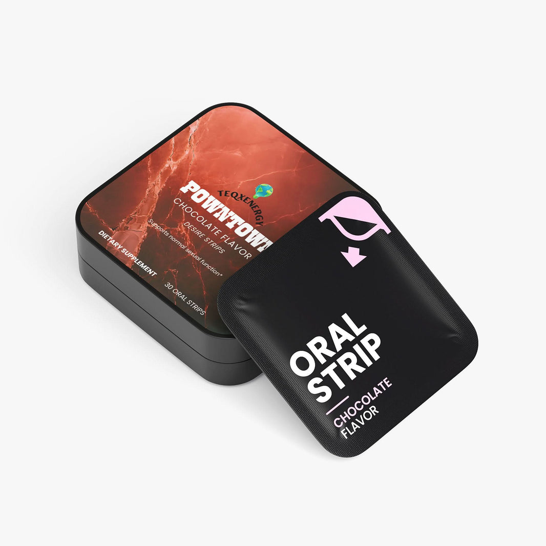 TeqenX POWNTOWN Desire Strips in a compact red and black tin, offering discreet chocolate vitality support for energy and stamina.