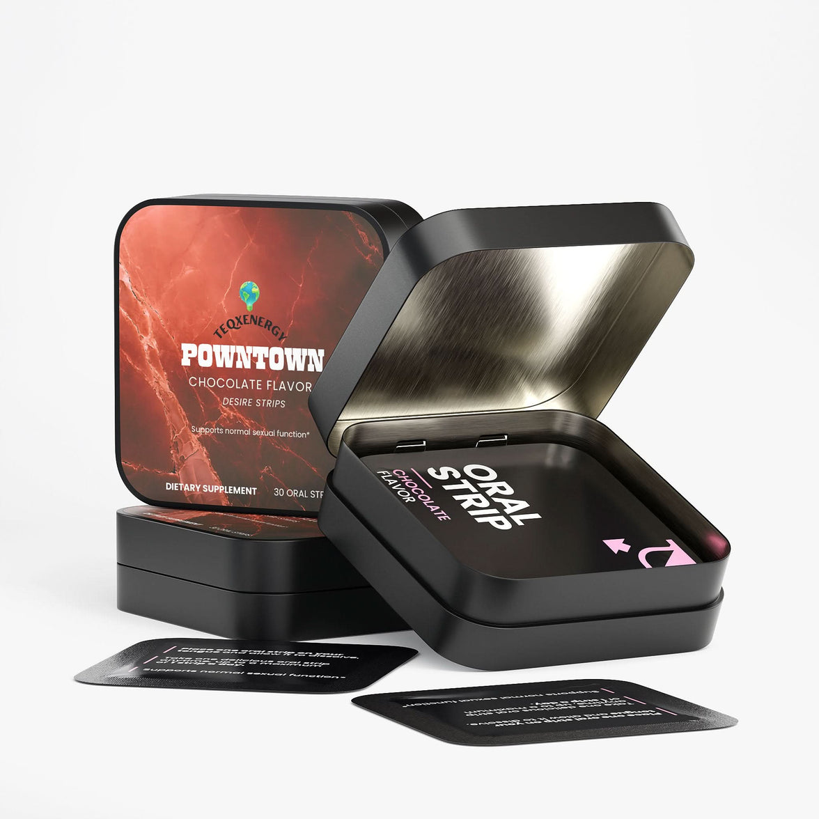 TeqenX POWNTOWN Desire Strips in a black tin, featuring smooth chocolate strips for enhanced vitality and stamina.