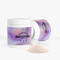 TeqenX Replenish+ Passion Fruit Electrolyte Hydration powder in a white container with a colorful label and a scoop of powder.