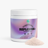 TeqenX Replenish+ Passion Fruit electrolyte powder in a white container with a pastel gradient design, promoting optimal hydration.