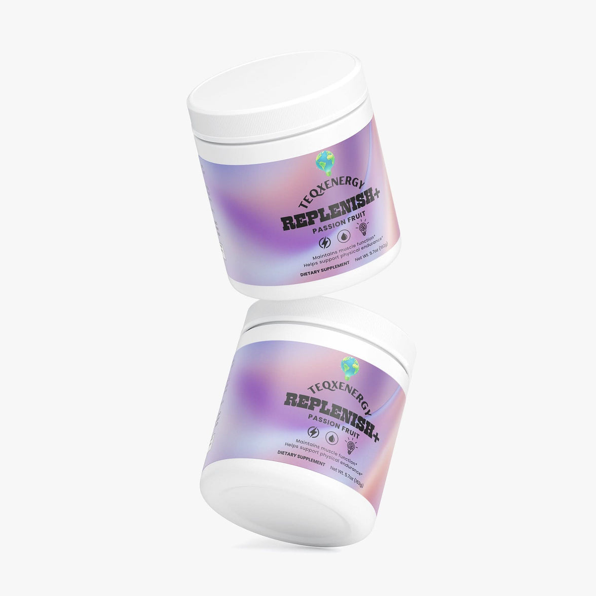 TeqenX Replenish+ Passion Fruit Electrolyte Hydration powder in a round white container with a gradient design for optimal hydration.