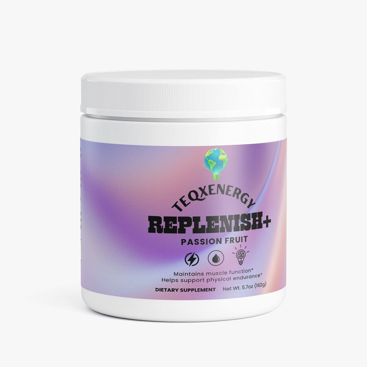 TeqenX Replenish+ Passion Fruit electrolyte powder in a white container, designed for optimal hydration and performance.