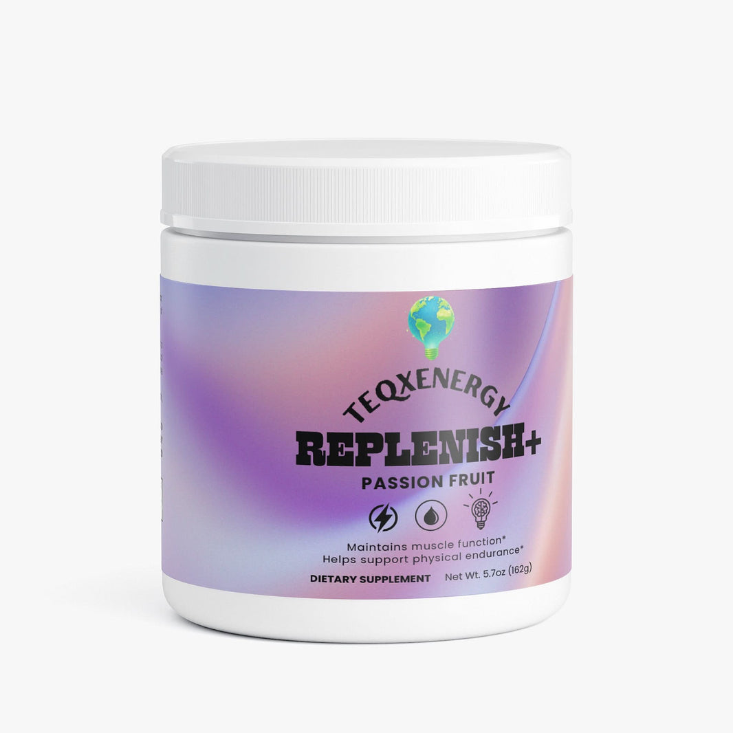 TeqenX Replenish+ Passion Fruit electrolyte powder in a white container, designed for optimal hydration and performance.