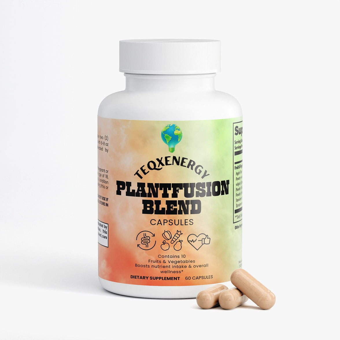 TeqenX PlantFusion Blend in a white bottle, featuring 60 capsules for complete plant nutrition with benefits for digestive and cardiovascular health.