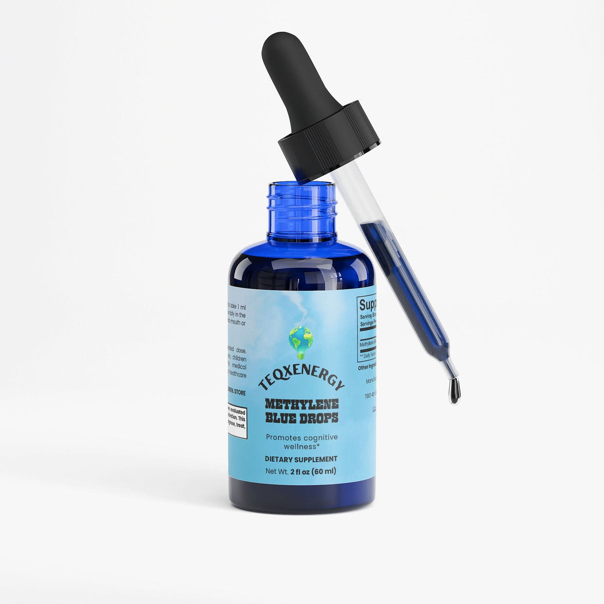 Methylene Blue Drops in a dropper bottle, offering 10mg of support for mitochondrial energy and cognitive wellness.